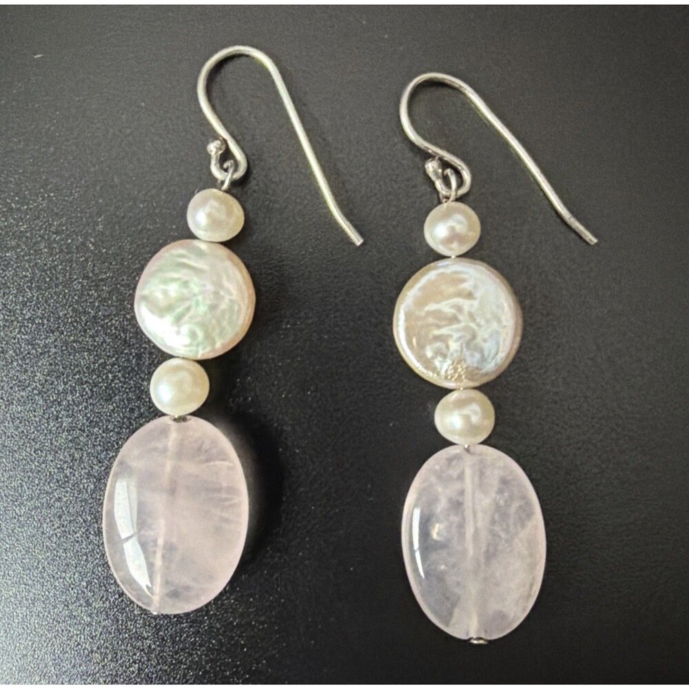 Sterling Silver Earrings Rose Quartz & Pink Mother Of Pearl Dangles, Wire Hooks